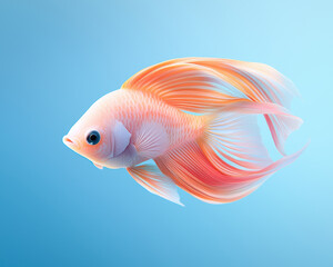Fototapeta premium A vibrant fish with flowing fins swims gracefully against a soft blue background, showcasing its delicate beauty and colorful patterns.