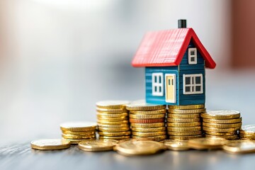 Vibrant tiny house perched on meticulously stacked golden coins, symbolizing wealth and creativity.