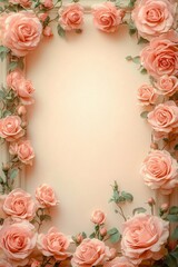 Romantic vintage frame adorned with pastel roses, ideal for elegant invitations or greeting cards for weddings, birthdays, Valentine's, and Mother's Day.