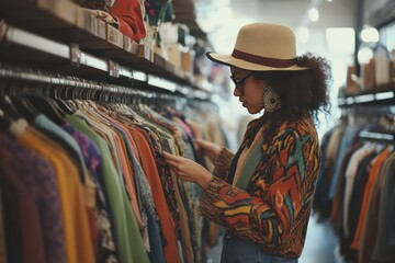Fototapeta premium A stylish woman browsing through racks of second-hand clothing in a trendy thrift store.