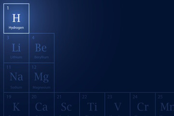 Hydrogen element glowing in a dark periodic table