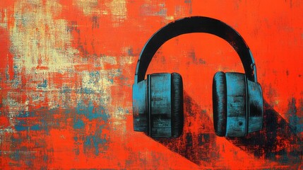 Blue headphones are featured against an abstract orange background