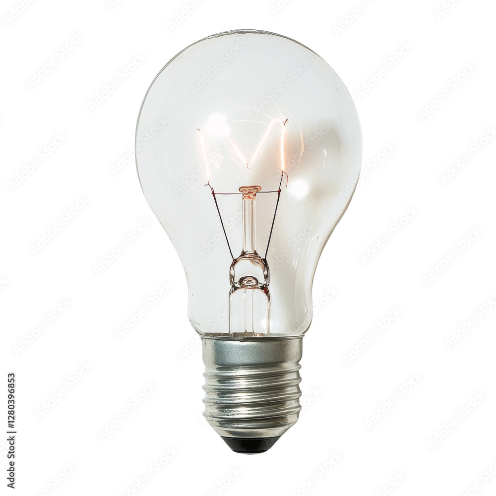 Poster clear light bulb with visible filament, showcasing its design and functionality. bulb is illuminated, creating warm glow that highlights its shape and structure