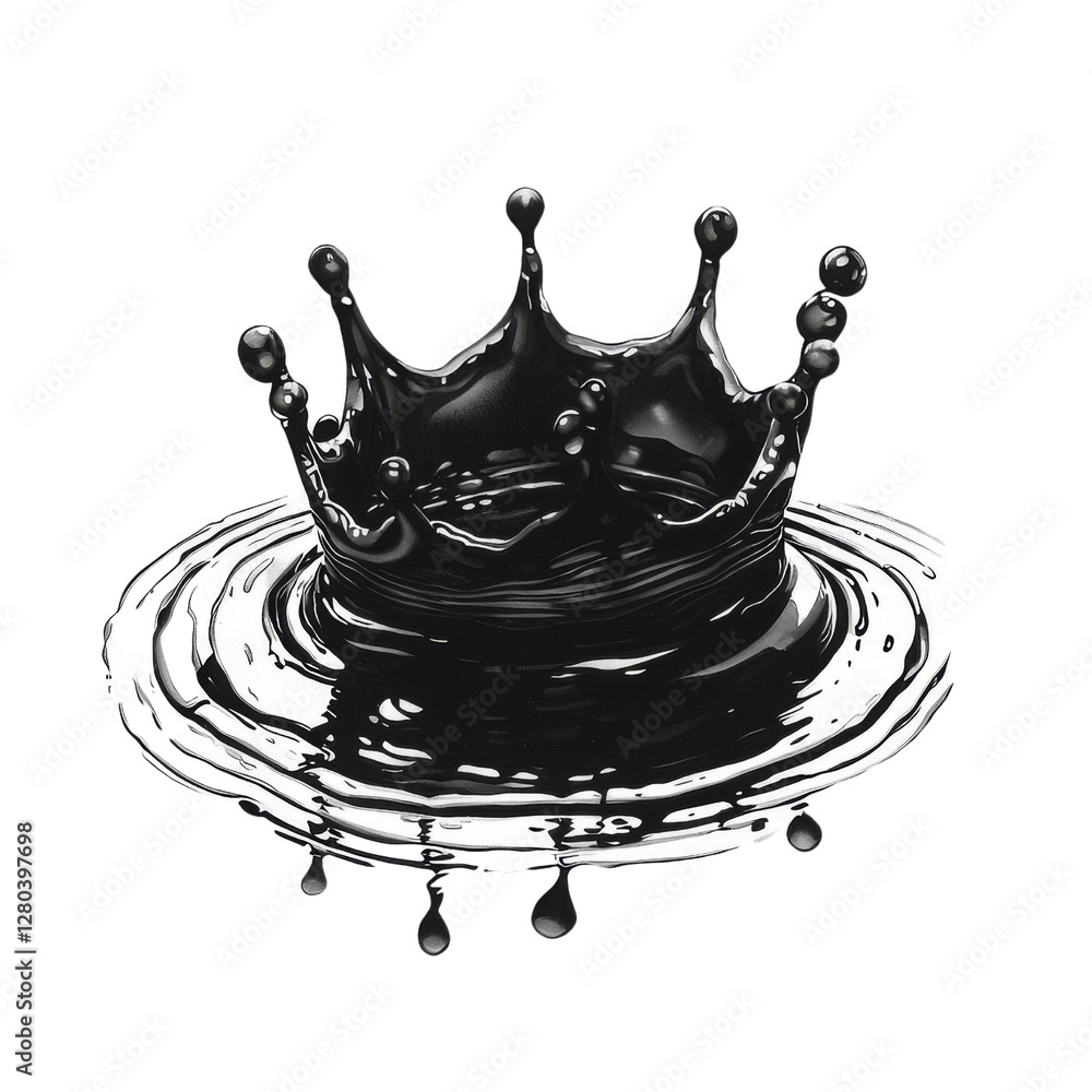 Poster black liquid splash with crown shape, symbolizing royalty and elegance. dynamic movement of liquid c