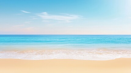 Fototapeta premium A serene beach scene featuring soft sand and calm blue waters under a clear sky, ideal for relaxation and tranquility.