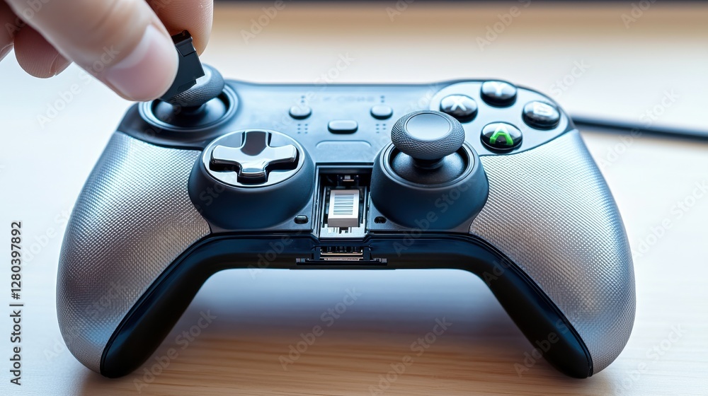 Poster a close-up shot of a gaming controller with a hand adjusting the joystick, showcasing the sleek desi