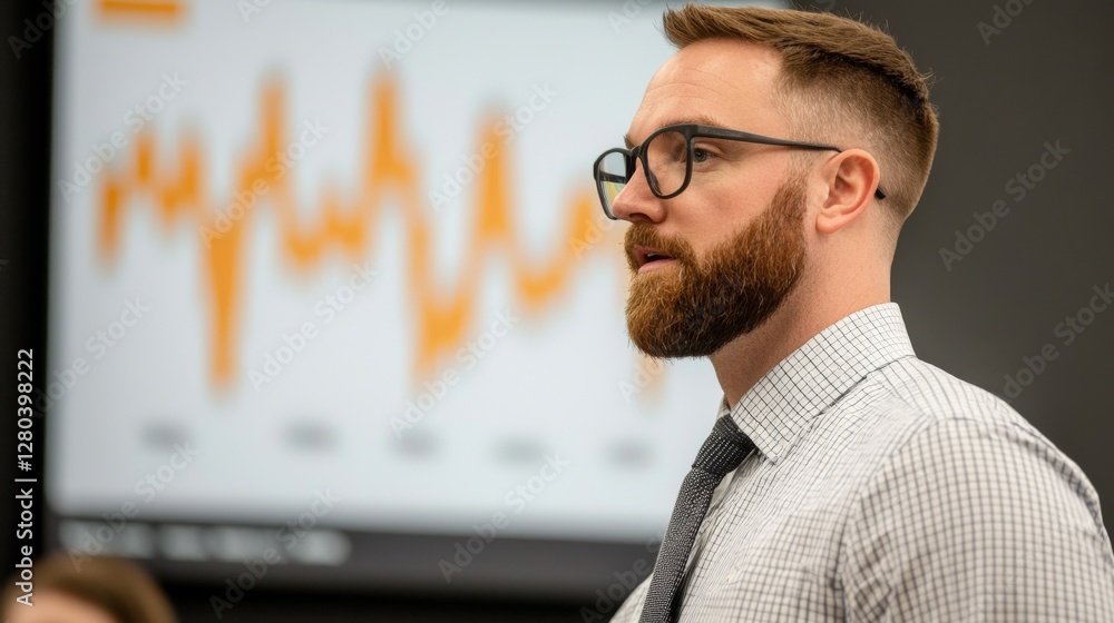 Poster a focused man with glasses presents data in a professional setting, emphasizing trends displayed on 