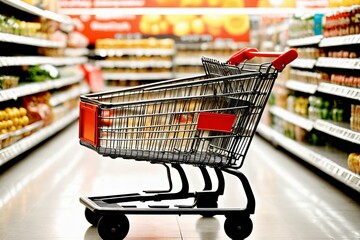 empty shopping cart with metal frame in supermarket aisle with blurred shelves in the background