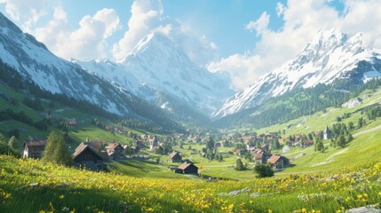 A charming Swiss village nestled in the mountains, surrounded by green meadows and a cloudless sky.
