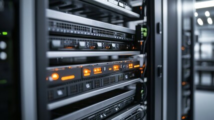 A row of computer servers with orange lights on them. The servers are black and silver. The servers are connected to each other and to the wall
