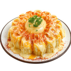 Creamy corn dish topped with cheese and spices, served on plate