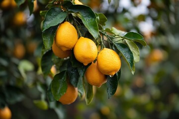 Fresh lemons hanging on a tree, glistening with dew droplets in a vibrant natural setting.
