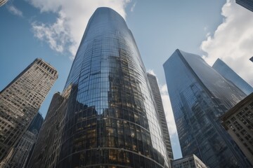 Skyscrapers in megapolitan City with glass windows reflecting the blue sky