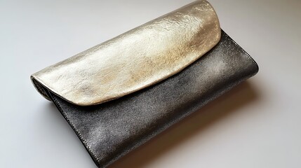 Elegant evening clutch in a metallic finish resting on a soft gradient