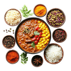 Delicious curry dish with vibrant spices, rice, and colorful ingredients, showcasing variety of textures and flavors. Perfect for food lovers and culinary enthusiasts
