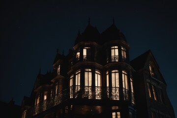 Naklejka premium Old house with medieval architecture at night town with bright lamp, light, brick and stone exterior