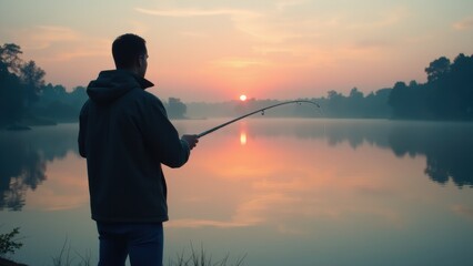 A person is fishing at a serene lake during sunrise, with the sun casting a beautiful reflection on the calm water.