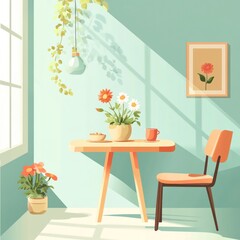 Sunny room with table, flowers, chair, and window.