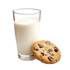 Delicious glass of milk with cho te chip cookie, perfect for snack or dessert. Enjoy classic combination of creamy milk and sweet cookie