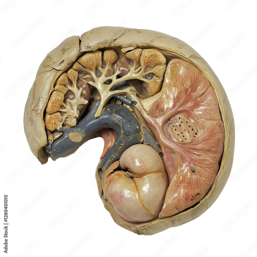 Poster anatomical model of human kidney and urinary system, showcasing detailed structures. this educationa