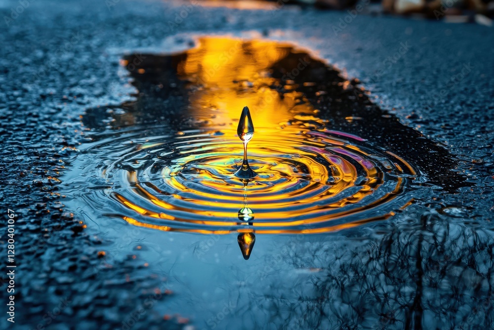 Poster intriguing macro shot of a falling water drop creating ripples in a puddle, colorful reflections and