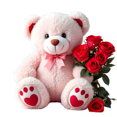 "Adorable Pink Teddy Bear with Red Roses png image"

