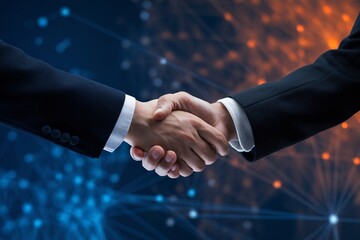 Two hands shaking in a professional setting, symbolizing agreement and collaboration.