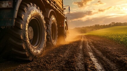 A dirty truck with muddy tires is driving down a dirt road. The sky is cloudy and the sun is setting