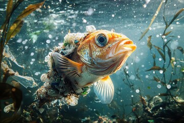 Stunning close-up captures fish entangled in plastic pollution, highlighting the devastating impact on marine life and the urgent need for environmental solutions.