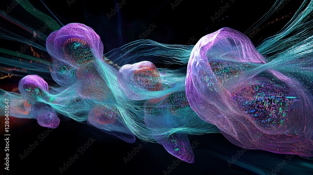 Poster abstract flowing forms with vibrant colors and glowing particles.