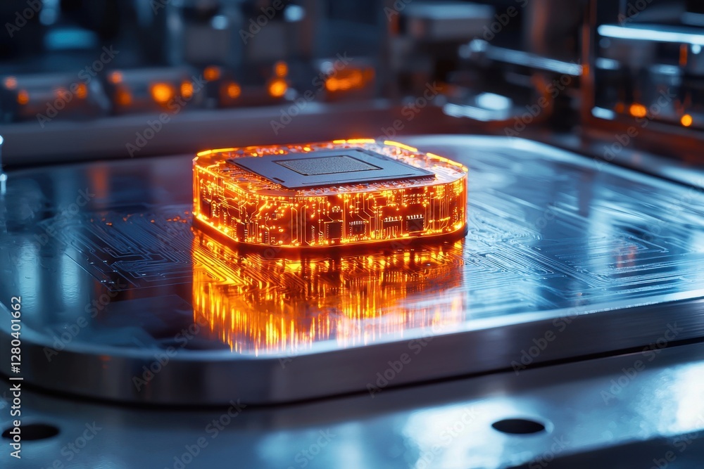 Poster futuristic technology concept with a glowing orange microchip resting on a sleek, reflective surface