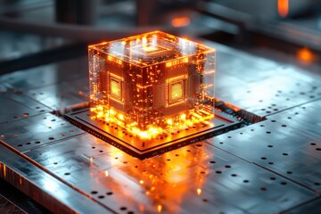 Abstract futuristic technology concept featuring glowing orange cube with circuit patterns, resting on a metallic surface with intricate details and geometric designs.