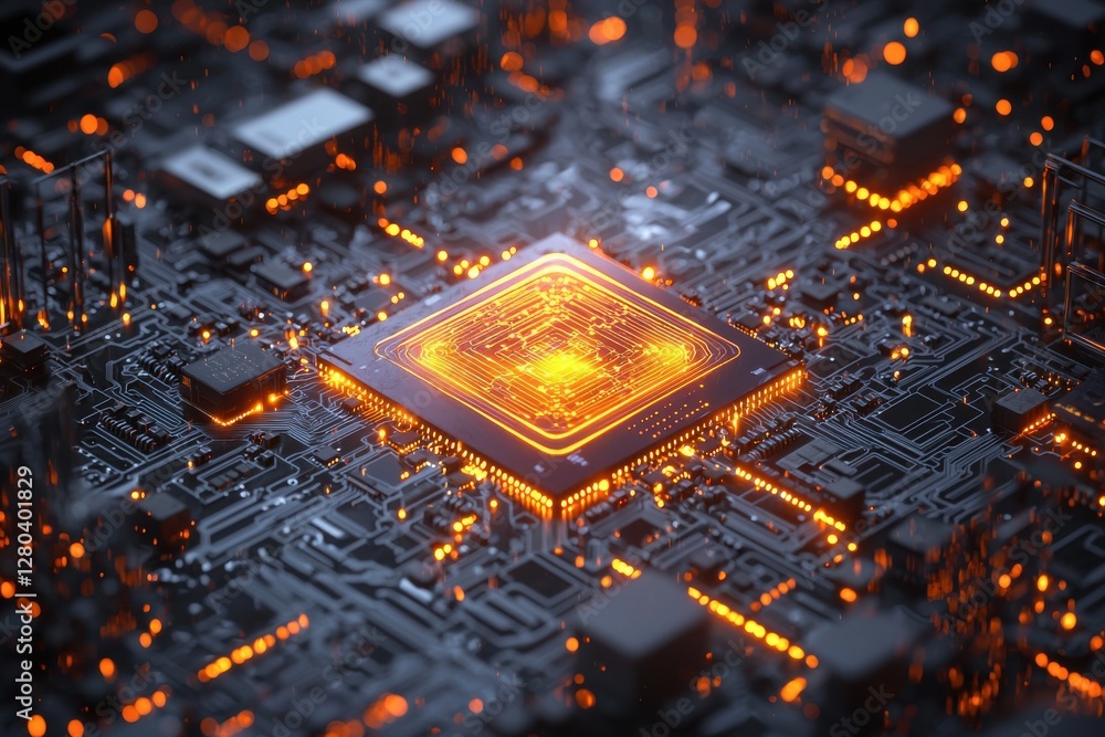 Poster a close-up of a glowing cpu on a motherboard, highlighting advanced computing and intricate electron