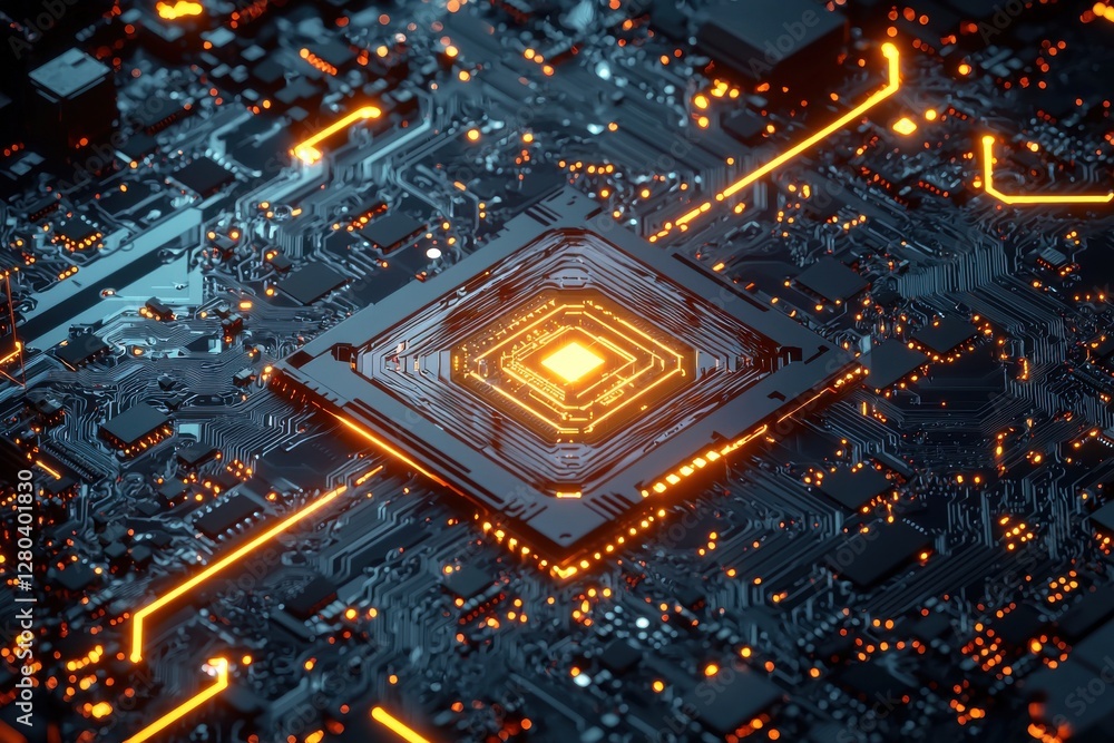 Poster a detailed view of a glowing cpu surrounded by complex circuits, representing cutting-edge computing