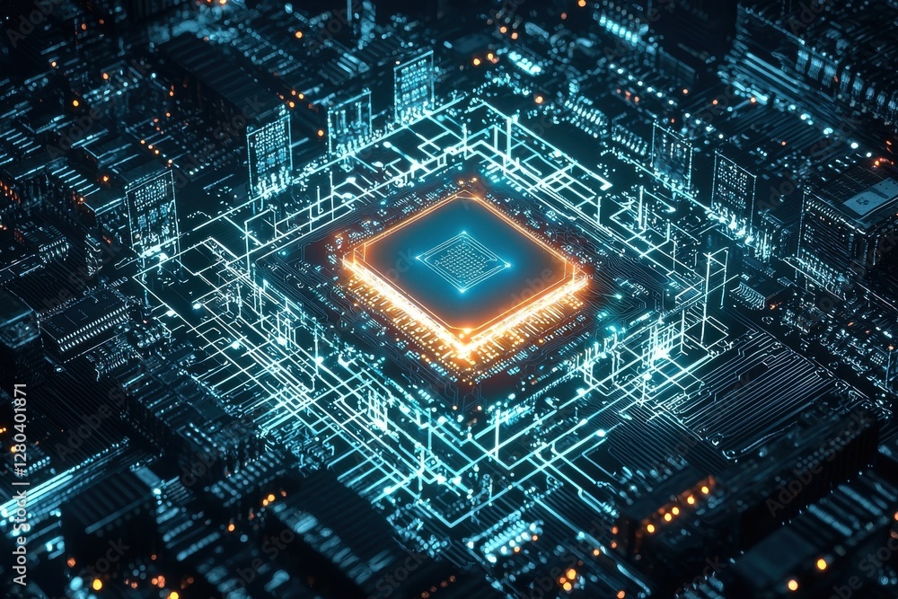 Poster a detailed close-up of a futuristic circuit board with a glowing central processor, showcasing compl
