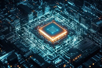 Obraz premium A detailed close-up of a futuristic circuit board with a glowing central processor, showcasing complex connections and high-tech design for advanced computing.