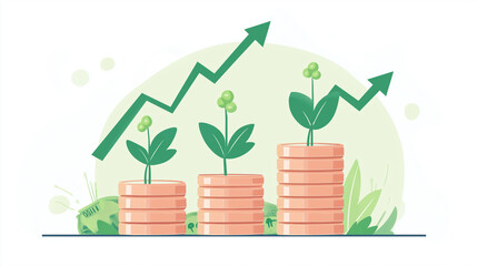 Financial Growth Plants Growing on Stacks of Coins with Upward Trend Graph