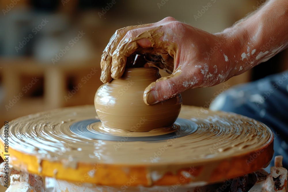Poster close-up view of a potter shaping clay on a spinning wheel, creating art with skill, demonstrating c