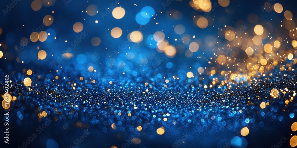 Poster glimmering blue and gold bokeh background with sparkling dots and shimmering lights for creative pro
