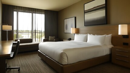 Minimalist hotel bedroom with clean lines and neutral tones