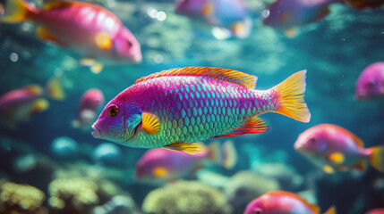 Vibrant tropical fish swimming in clear blue ocean waters among coral reefs.