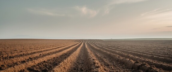Freshly plowed furrows in a cultivated field