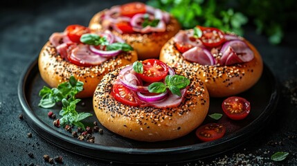 Fototapeta premium Mini pizzas, dark background, delicious food, recipe, appetizing