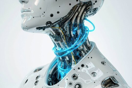 Detailed cyborg neck and head showing intricate mechanical design and glowing blue cables, highlighting the fusion of human-like form and advanced technology.