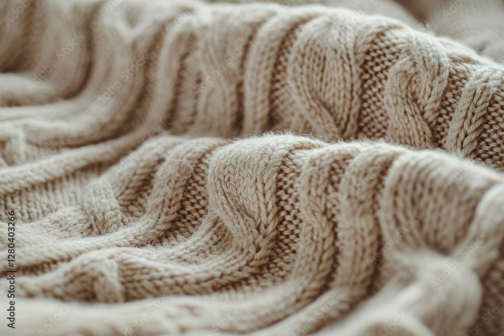 Poster macro shot of a beautifully textured beige knitted blanket, showcasing the intricate patterns and wa