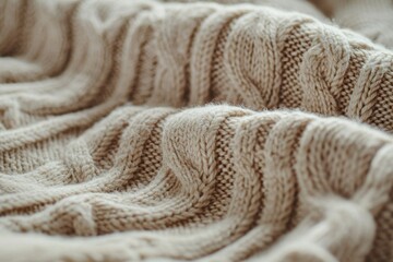 Macro shot of a beautifully textured beige knitted blanket, showcasing the intricate patterns and warmth of the fabric, adding a cozy and comfortable touch.