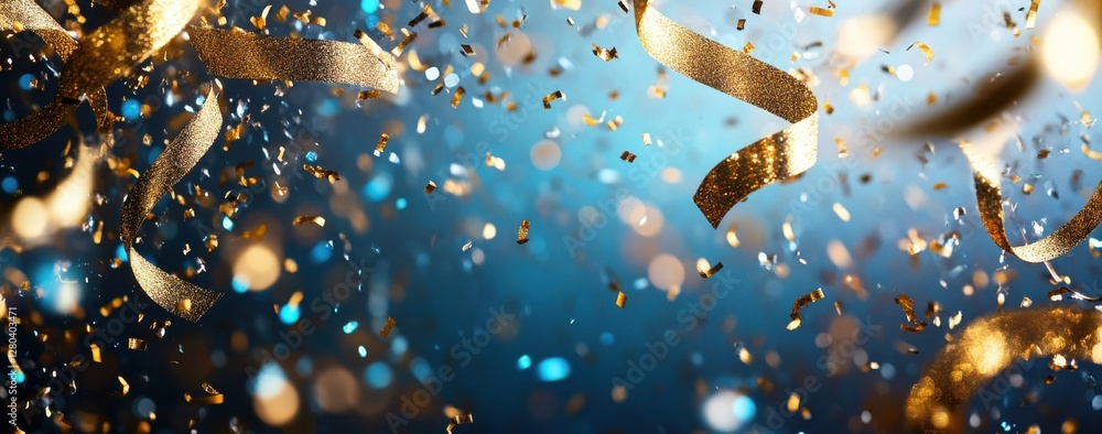 Poster Glimmering Gold Confetti Ribbons in a Celebration Setting with Sparkling Bokeh Effect and a Blue Background for Festive Occasions and Events