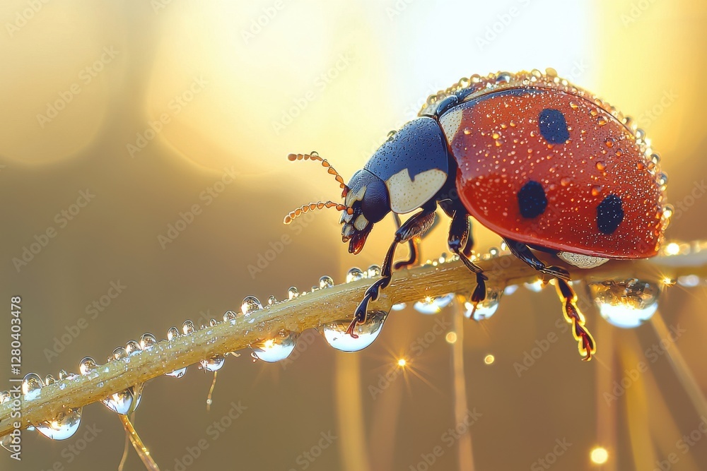 Poster macro shot of a ladybug covered with water droplets clinging to a stem, set against a golden bokeh b