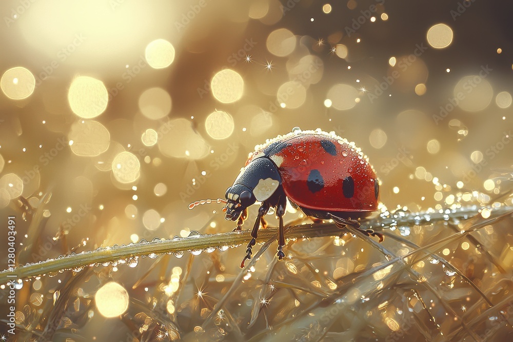 Poster captivating macro image of a ladybug covered in morning dew, perched on a blade of grass with sparkl