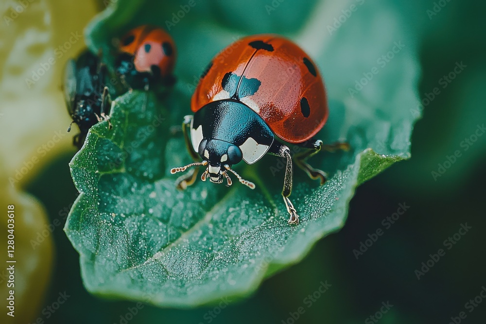 Poster a vibrant macro shot capturing a ladybug perched on a textured green leaf, accompanied by two other 